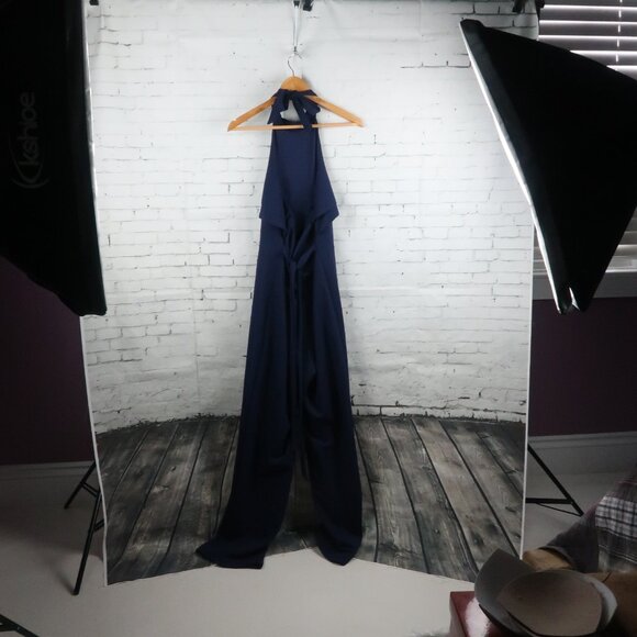 BEBE NAVY BLUE HIGH NECK HALTER RUFFLE OPEN BACK WIDE LEG JUMPSUIT SIZE 10 - Picture 9 of 9